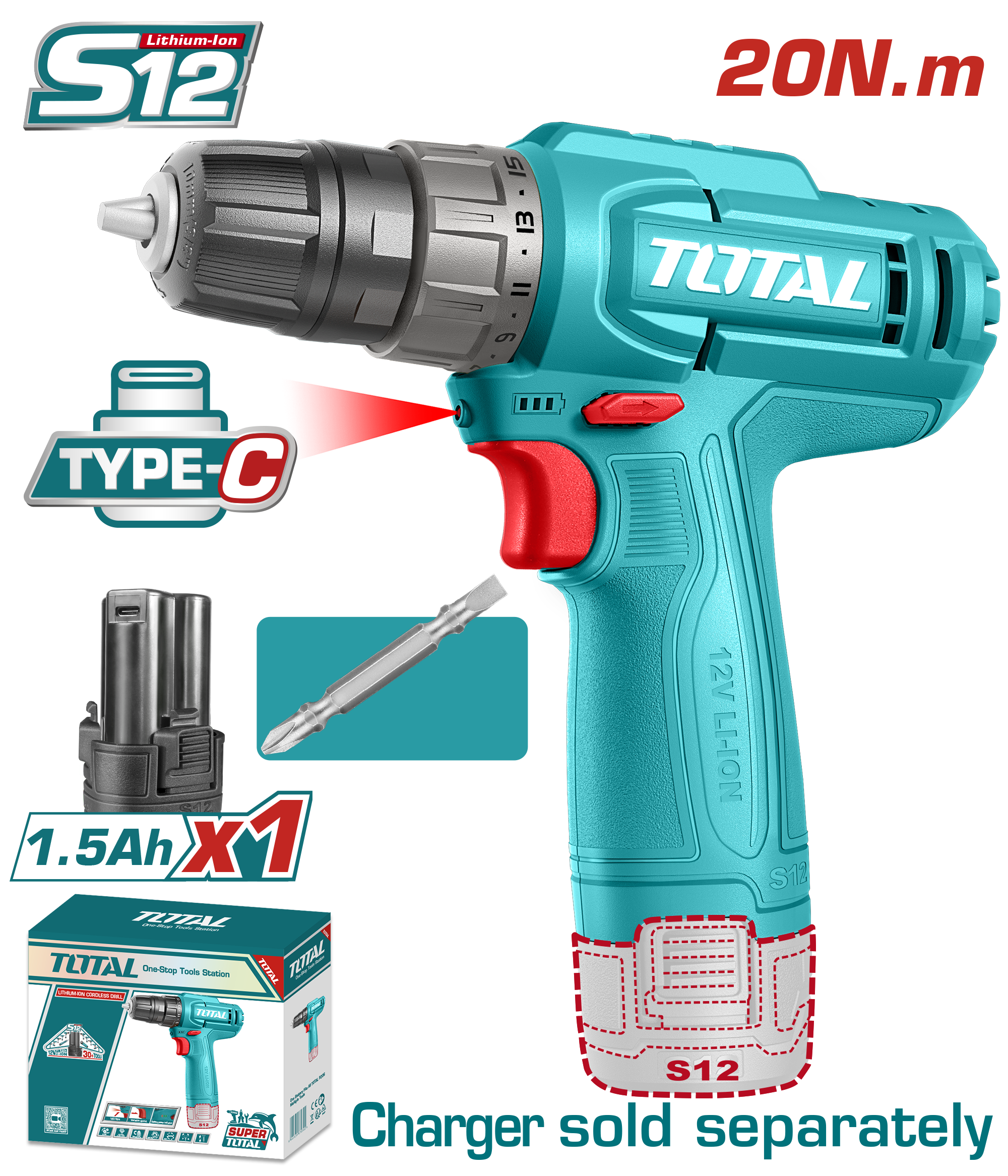 TOTAL 12V Cordless Drill Driver, 20Nm Torque, 10mm Chuck, 1.5Ah Battery – TDLI12456